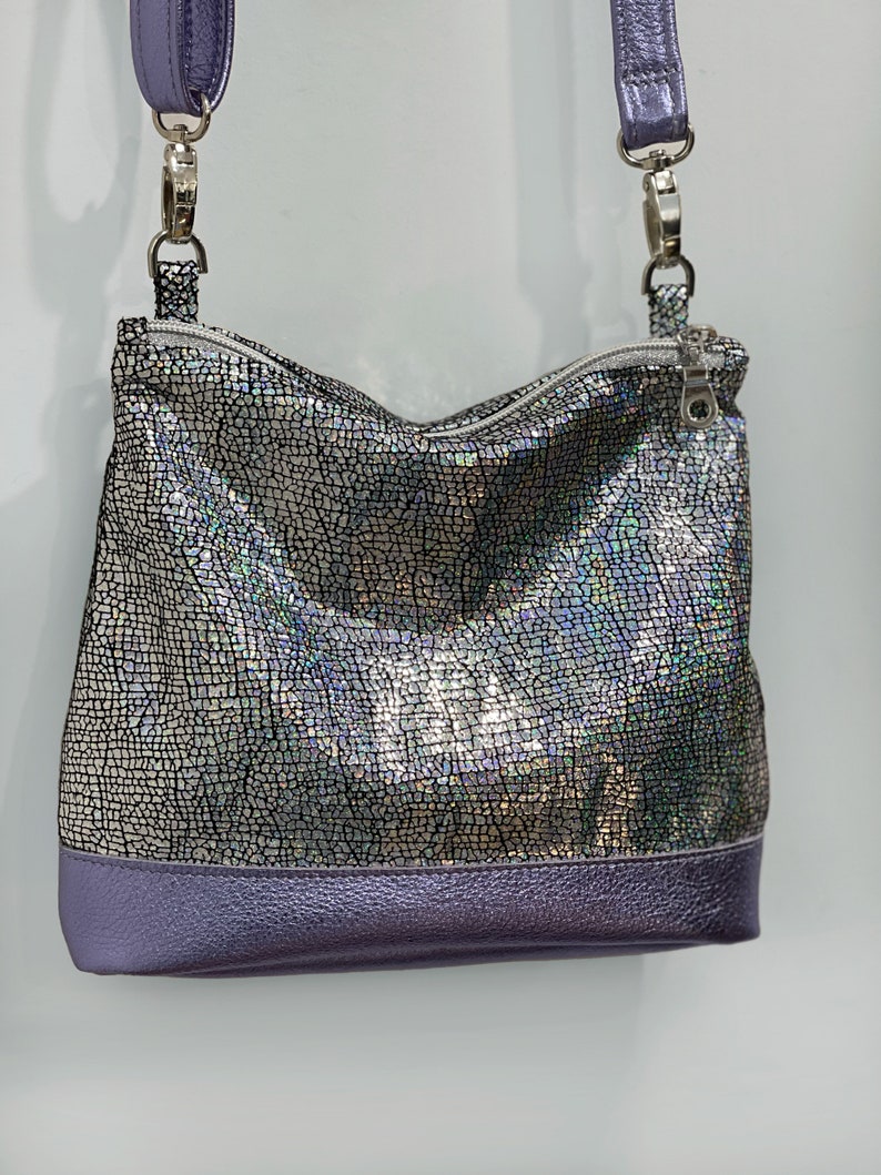 Iridescent Holographic silver crossbody bag, small lined purse, pocket, zipper closure, soft leather, removable adjustable strap image 5