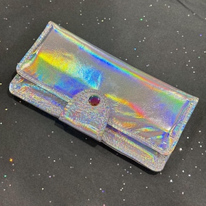 Holographic Iridescent Leather Wallet Purse or wristlet, holds cards and iPhone, zipper pocket, silver holo, genuine leather gift, purse