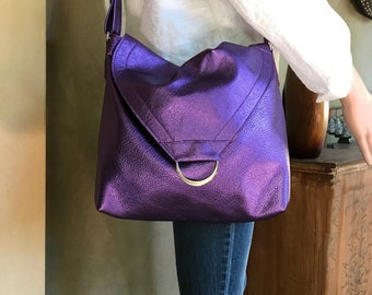 Metallic Purple leather Shoulder bag, or Crossbody, Adjustable Strap, zipper pocket, Lined with pockets, lining options, key hook clasp