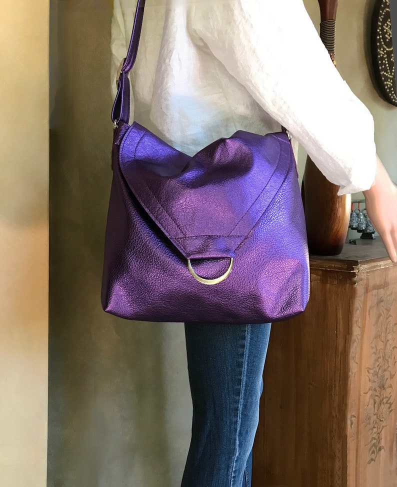 Metallic Purple leather Shoulder bag, or Crossbody, Adjustable Strap, zipper pocket, Lined with pockets, lining options, key hook clasp image 1