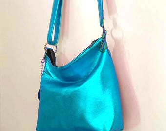 Handmade Metallic Turquoise Leather Crossbody Hobo Bag, soft leather, Zipper Pockets