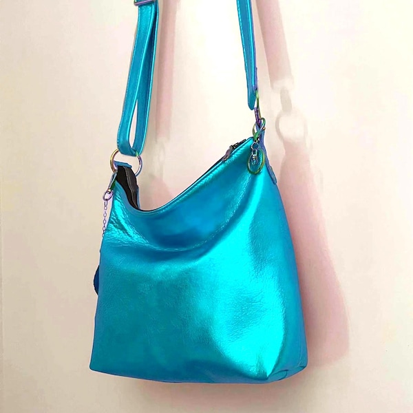 Handmade Metallic Turquoise Leather Crossbody Hobo Bag, soft leather, Zipper Pockets
