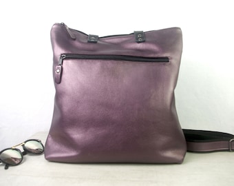 Purple leather Backpack and tote, FREE purse, pearlized purple soft pebble leather bag, Travel bag, fully lined, removable straps, pockets