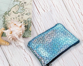 Holographic Blue Geometric Leather coin purse, Iridescent zipper pouch, small bag, accessory, genuine leather, Handmade