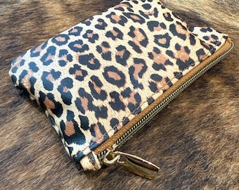 Leopard Print zipper Purse, soft Italian leather, cheetah pattern pouch, Unlined, wild exotic animal design, 3 sizes, small makeup pouch