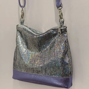 Iridescent Holographic silver crossbody bag, small lined purse, pocket, zipper closure, soft leather, removable adjustable strap image 6