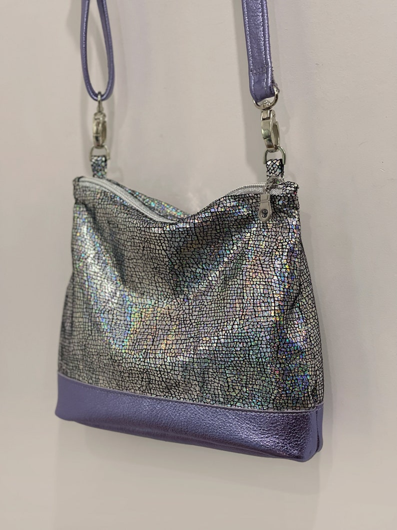 Iridescent Holographic silver crossbody bag, small lined purse, pocket, zipper closure, soft leather, removable adjustable strap image 6