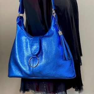 Metallic cobalt blue Italian Hobo, 2 sizes, soft leather bag, premium leather bag, lined, pockets, adjustable strap, double tassel option