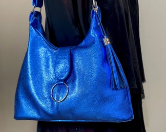 Metallic cobalt blue Italian Hobo, 2 sizes, soft leather bag, premium leather bag, lined, pockets, adjustable strap, double tassel option