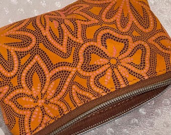 Mango Orange Suede Leather Coin Pouch, Mosaic Floral Print, Small Handmade Zipper Purse