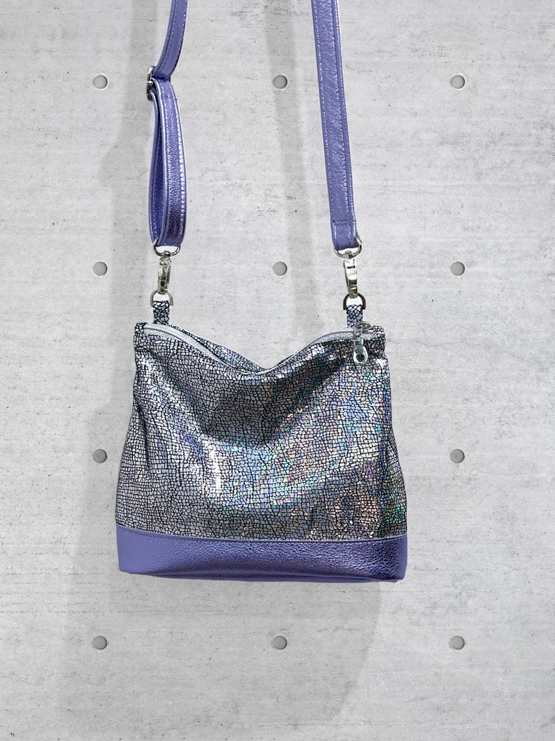 Iridescent Holographic silver crossbody bag, small lined purse, pocket, zipper closure, soft leather, removable adjustable strap image 1