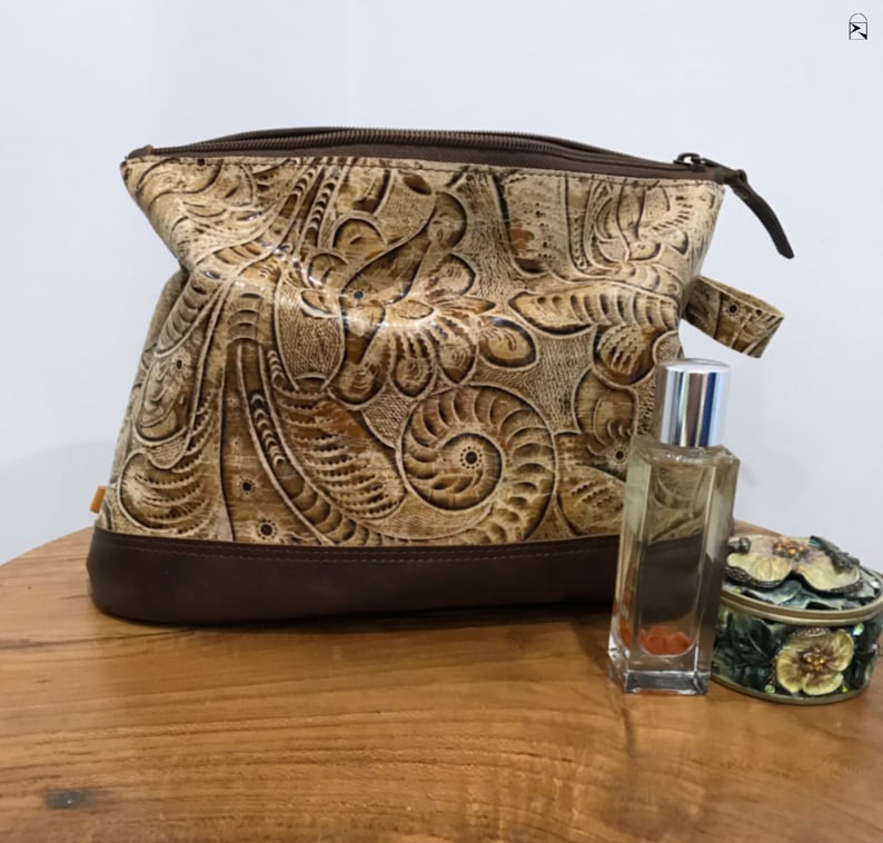 Leather Makeup Bag Embossed Floral Design Toiletry Bag Etsy Australia