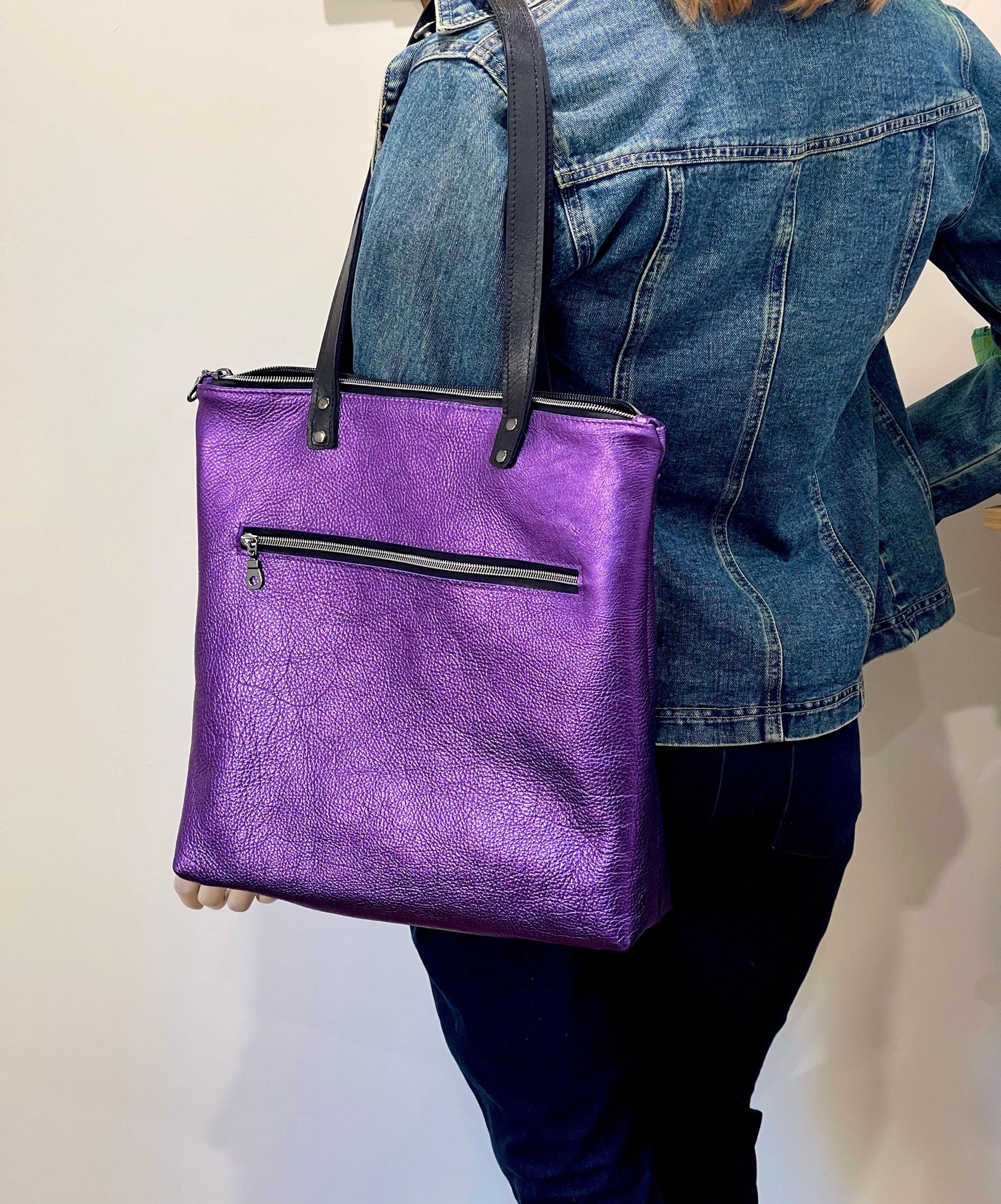 Purple Metallic Leather Backpack Tote, Handmade Travel Bag  display picture 2