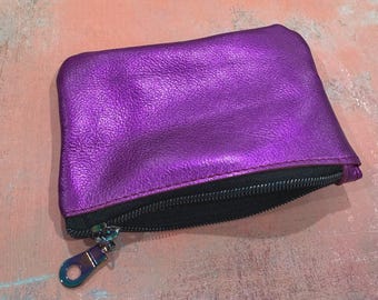 Purple Metallic Leather Small Purse, Handmade Zipper Pouch, bright genuine soft leather accessory