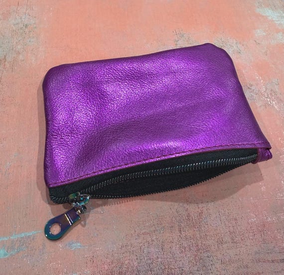 Purple Metallic Leather Purse, Handmade Zipper Pouch, bright soft genuine leather accessory