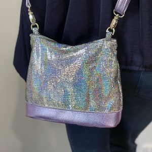 Iridescent Holographic silver crossbody bag, small lined purse, pocket, zipper closure, soft leather, removable adjustable strap image 3