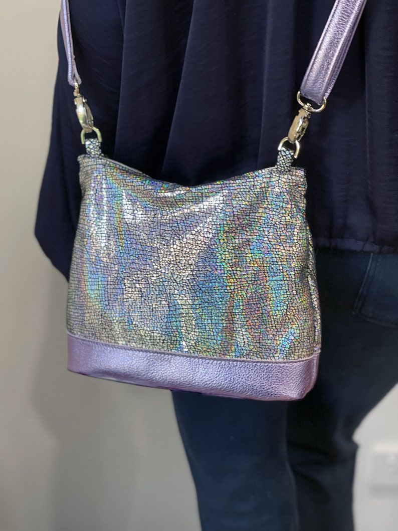 Iridescent Holographic silver crossbody bag, small lined purse, pocket, zipper closure, soft leather, removable adjustable strap image 3