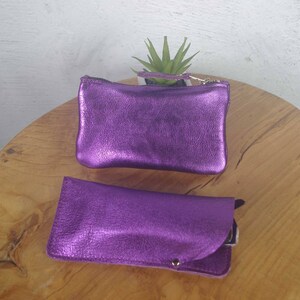 Purple Metallic Leather Purse, Handmade Zipper Pouch, bright soft genuine leather accessory Bild 5