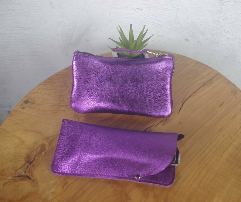 Purple Metallic Leather Purse, Handmade Zipper Pouch, bright soft genuine leather accessory Bild 5