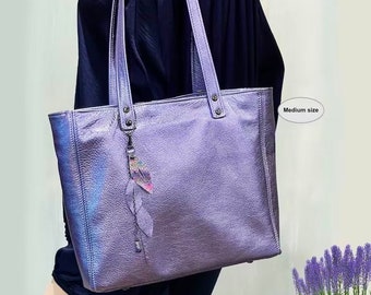 Large Lavender Lilac Metallic Leather Tote,  zipper leather pocket, removable leather purse Soft leather tote, premium metallic light purple