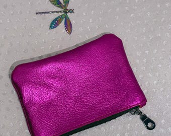Handmade Metallic Fuchsia Pink Leather Coin Purse, easy glide Zipper Pouch