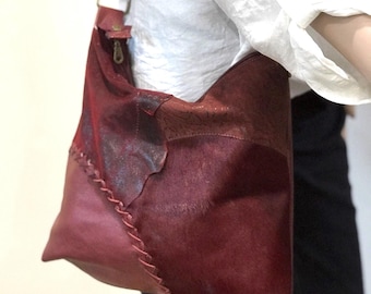 Maroon Leather Crossbody Bag, Embossed Burgundy Boheme Textured Leather, Handmade