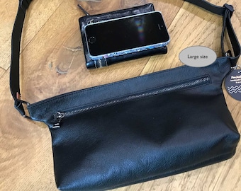 Black Leather Fanny Pack, Soft Pebble Leather Bum Bag with suede interior, Adjustable Belt