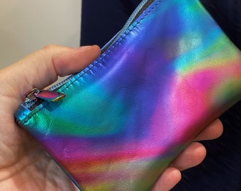 Aurora Borealis Genuine Leather Zipper Purse, coin purse, gift idea, purse with zipper, metallic purse, Rainbow leather, Northern Lights