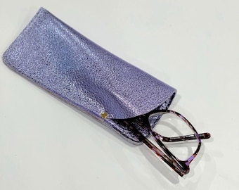 metallic lavender reading glasses case, sunglasses, purple xmas gift, Soft leather, glasses pouch, suede inside, metallic lilac