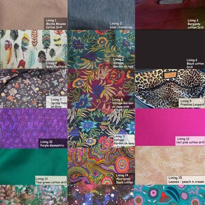 May include: A grid of eighteen fabric swatches displaying various patterns and colors including mocha, blue chambray, burgundy, boho feathers, floral prints on teal, grey, deep pink, and navy, leopard print, purple geometric, hot pink, teal, and cosmos.