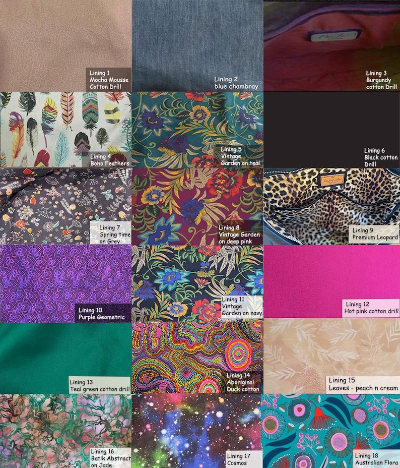 May include: A grid of eighteen fabric swatches displaying various patterns and colors including mocha, blue chambray, burgundy, boho feathers, floral prints on teal, grey, deep pink, and navy, leopard print, purple geometric, hot pink, teal, and cosmos.