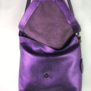 Metallic Purple leather Shoulder bag, or Crossbody, Adjustable Strap, zipper pocket, Lined with pockets, lining options, key hook clasp image 6