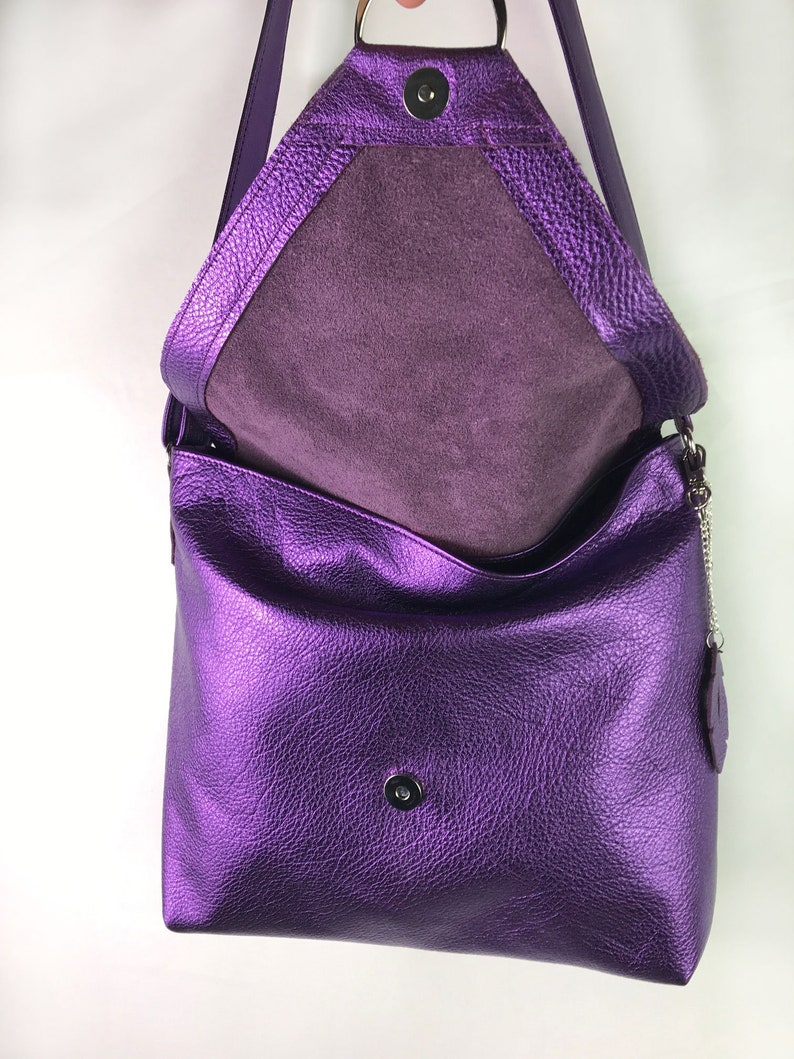 Metallic Purple leather Shoulder bag, or Crossbody, Adjustable Strap, zipper pocket, Lined with pockets, lining options, key hook clasp image 6