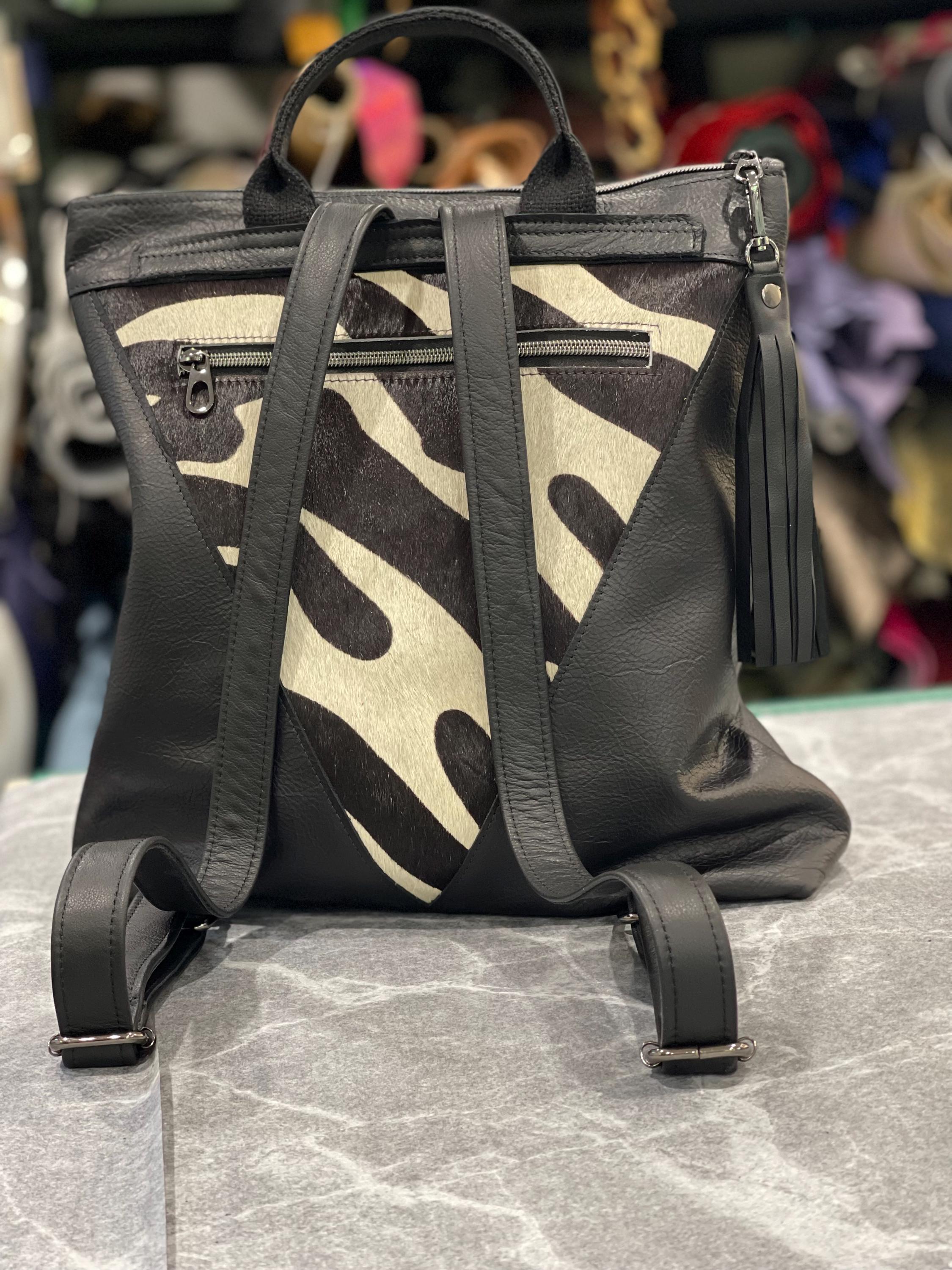 Gorgeous cow leather zebra print bag backpack Zebra Print Cowhide and Black Leather Backpack, Adjustable  main image 2