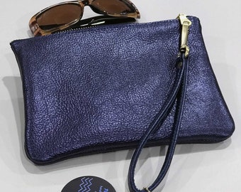 Metallic Navy leather Wristlet, softest metallic blue leather, blue wristlet, metallic purse, blue accessory, 2 sizes, lining options