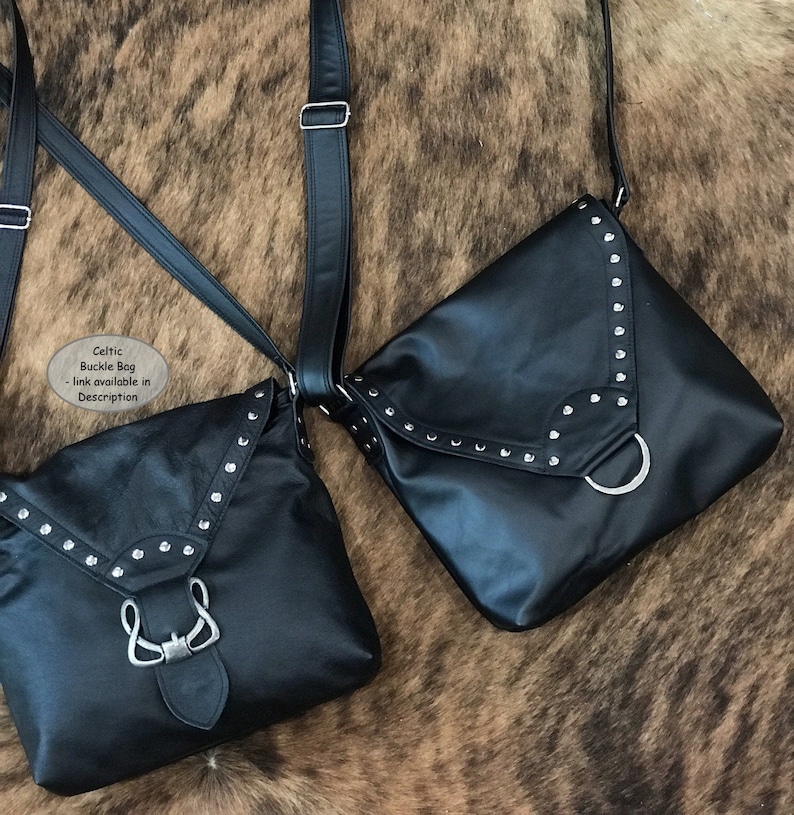 Handmade Black Leather Crossbody Bag, Studded Flap, Adjustable Strap, antique brass or silver bild 6