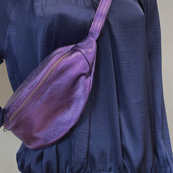 Metallic Purple Leather Sling bag, soft leather crossbody travel bag, back pocket, cycling bag, secure clasp belt, genuine leather