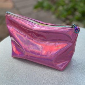 Holographic pink Leather makeup purse leather gift, cotton lining, cosmetic bag, size options, birthday gift patent metallic leather