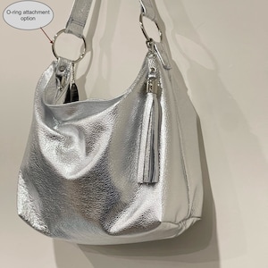 Metallic Silver Crossbody Bag with Zipper Pockets, Soft Leather with Tassel, Adjustable Strap and Hardware Colour