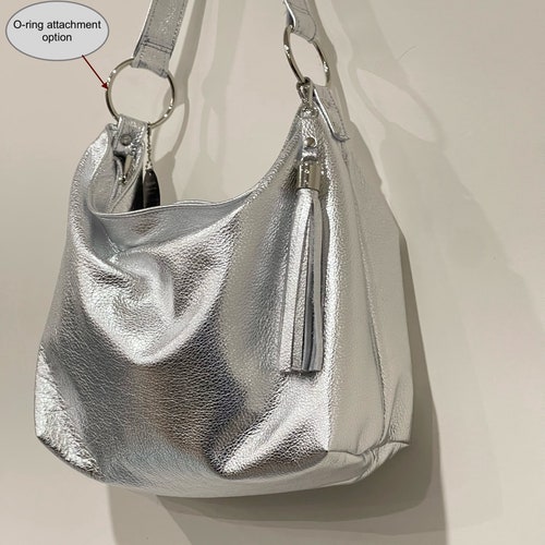 Metallic Silver Crossbody Bag With Zipper Pockets, Soft Leather