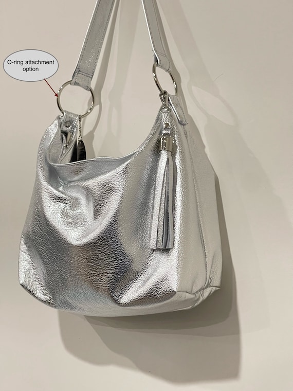 Metallic Silver Crossbody Bag With Zipper Pockets, Soft Leather