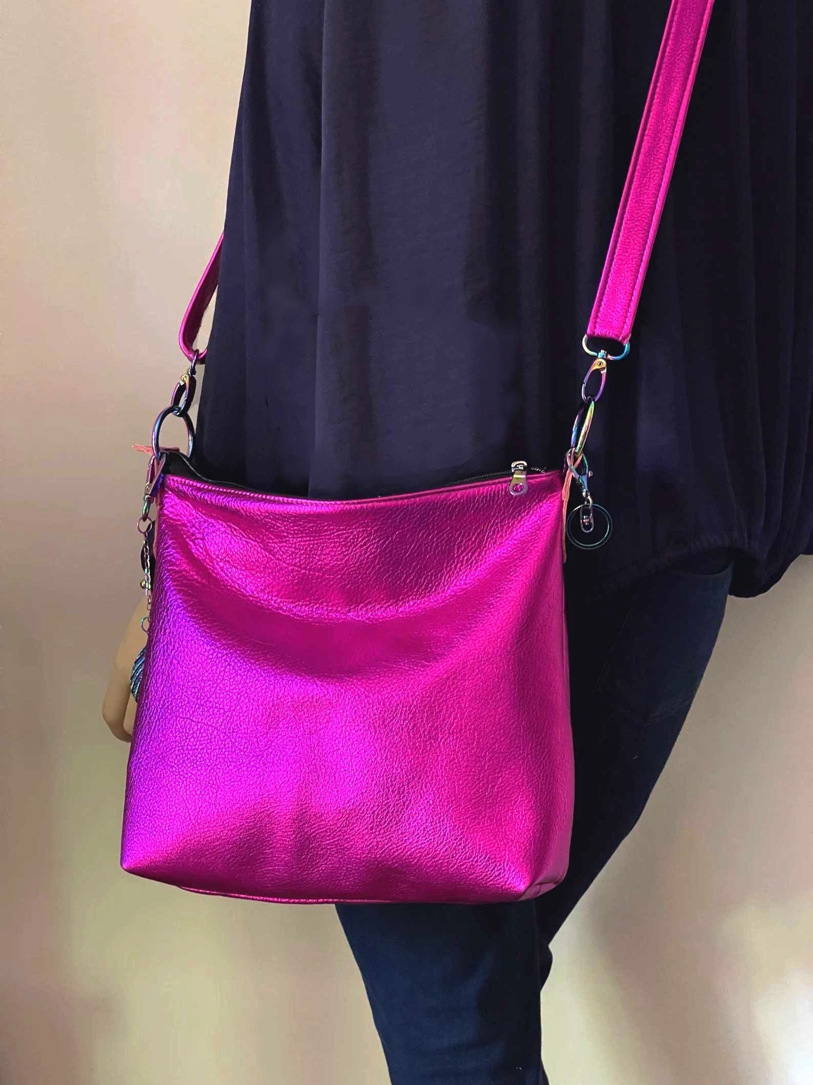 Metallic Fuchsia Pink Crossbody Bag, Lined Bag, Zipper Pockets, Slip Pockets, Premium Soft Metallic Leather, Size Options, Hardware Options - Etsy Metallic Fuchsia Pink Crossbody Bag, Lined Bag, Zipper Pockets, Slip Pockets, Premium Soft Metallic Leather, Size Options, Hardware Options - Etsy