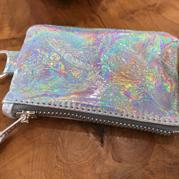 Holographic KEY RING purse, Soft leather, zipper key purse, key holder coin purse, holographic leather key chain