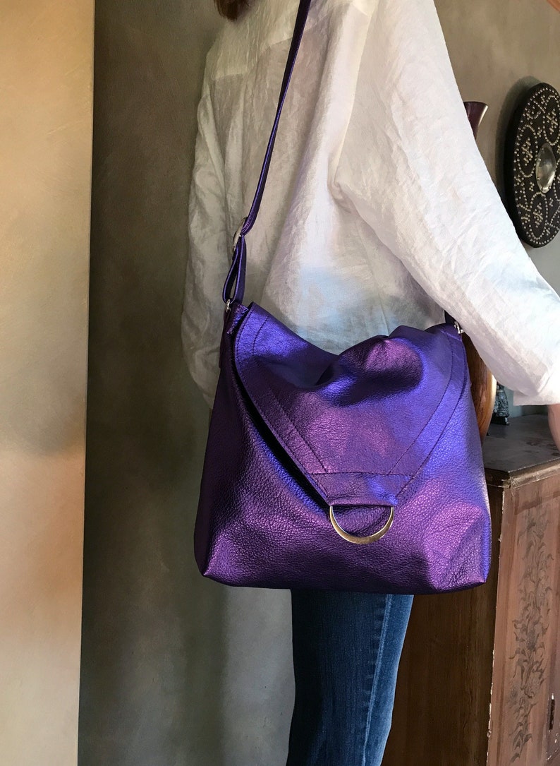 Metallic Purple leather Shoulder bag, or Crossbody, Adjustable Strap, zipper pocket, Lined with pockets, lining options, key hook clasp image 3