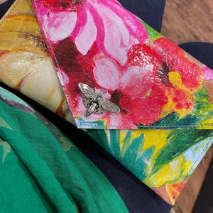 Bright clutch leather wristlet, painted abstract garden, soft summer leather purse, Ladies gift idea, inside pocket, detachable wristlet