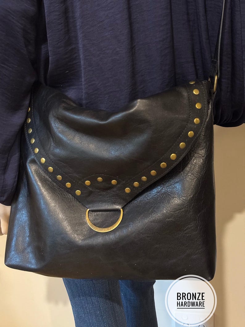 Handmade Black Leather Crossbody Bag, Studded Flap, Adjustable Strap, antique brass or silver bild 5