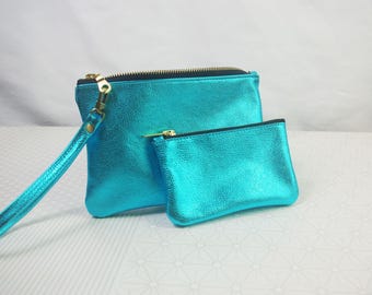 Metallic Turquoise Leather Coin Purse, Handmade Soft Zipper Pouch, genuine leather, suede interior