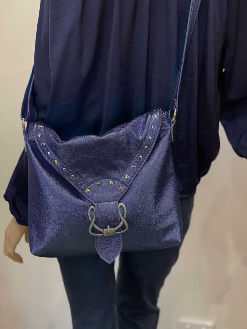 Metallic Navy Sapphire Celtic leather bag, with rivets Celtic Crossbody, adjust strap, antique celtic buckle, magnet close, zip pocket, soft image 1