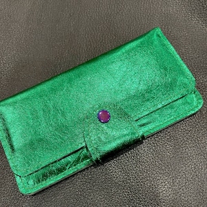 Emerald Green Metallic Leather Wallet Purse or wristlet, holds cards and iPhone, zipper pocket, bright green, genuine leather gift, purse