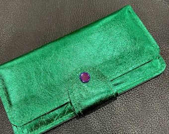 Emerald Green Metallic Leather Wallet Purse or wristlet, holds cards and iPhone, zipper pocket, bright green, genuine leather gift, purse